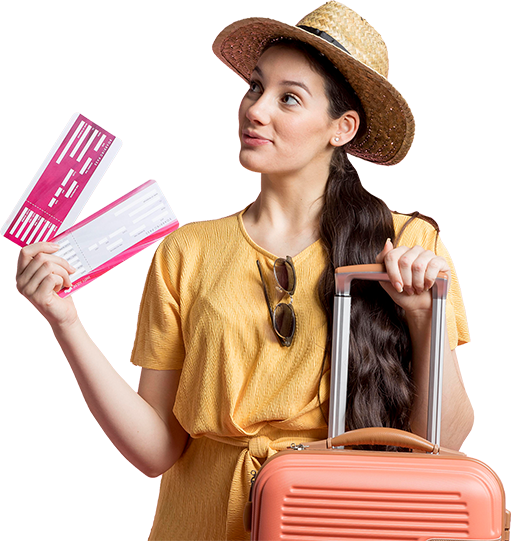 Mulher segurando uma mala e tickets de passagens
